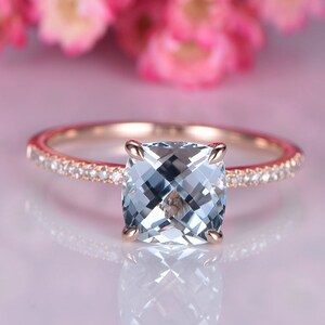 Aquamarine Engagement Ring Rose Gold Diamond Wedding Band Half Eternity ...