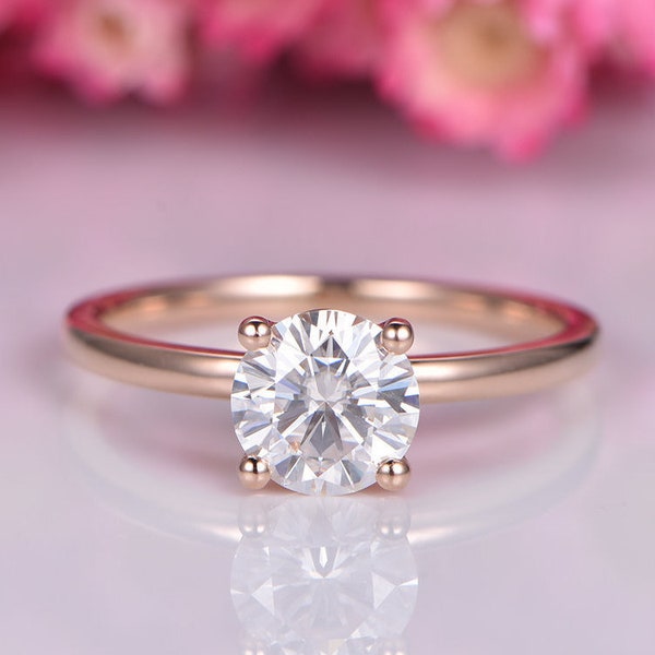 Moissanite engagement ring 14k rose gold plain gold wedding band solitaire ring 6.5mm round cut Charles & Colvard moissanite ball prongs