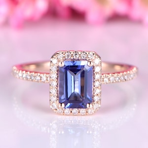 Tanzanite engegament ring rose gold 5x7mm emerald cut natural blue tanzante ring diamond ring diamond wedding band halo ring 14k/18k