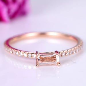 Baguette Morganite engagement ring natural morganite ring diamond ring diamond wedding band stacking ring bridal ring 14k rose gold ring