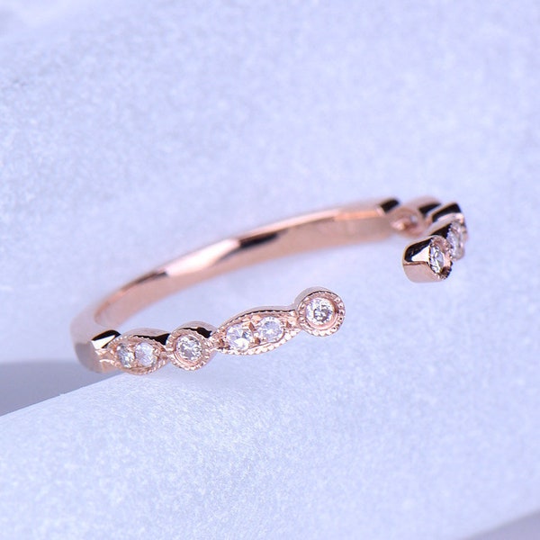 Diamond ring diamond wedding band open gap stacking matching band 14k rose gold ring Marquise set Milgrain style ring promise ring