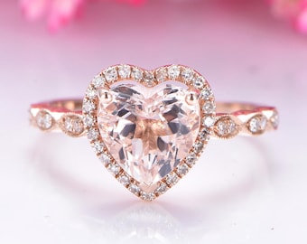 Morganite engagement ring 8mm heart pink morganite ring art deco diamond wedding band halo ring solid 14k rose gold bridal ring for women