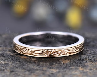 Unique Two tone band,yellow gold and white gold,14k Plain Gold Ring,Filigree Floral Design,Wedding Ring,Engagement Ring,Retro Vintage,Custom