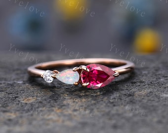 Vintage Red Ruby Opal Ring Engagement Ring,Pear Cut Gems,Art Deco Moissanite Wedding Band,3 Stone Unique Women Bridal Promise Ring,Rose gold