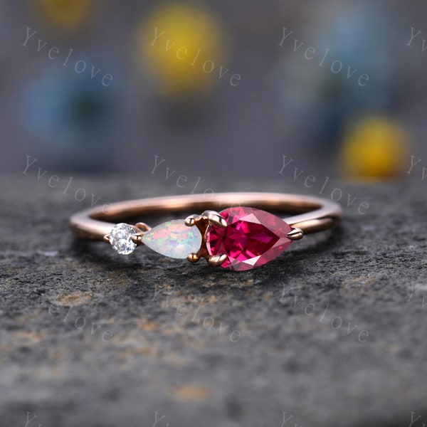 Vintage Red Ruby Opal Ring Engagement Ring,Pear Cut Gems,Art Deco Moissanite Wedding Band,3 Stone Unique Women Bridal Promise Ring,Rose gold