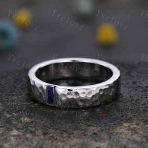 Mens Sandstone Wedding Band Baguette Cut Blue Sandstone Band 5mm Platinum Ring Mens Hammered Stacking Matching Band Retro Vintage Ring Gift