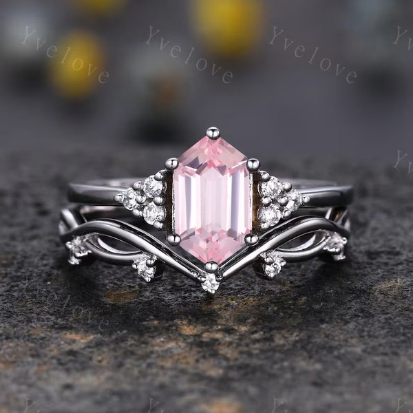 Retro hexagon Pink Sapphire Ring,Vintage Sterling Silver Ring Set,Unique Sapphire Engagement Ring,Promise Ring,Anniversary Ring Gift For Her