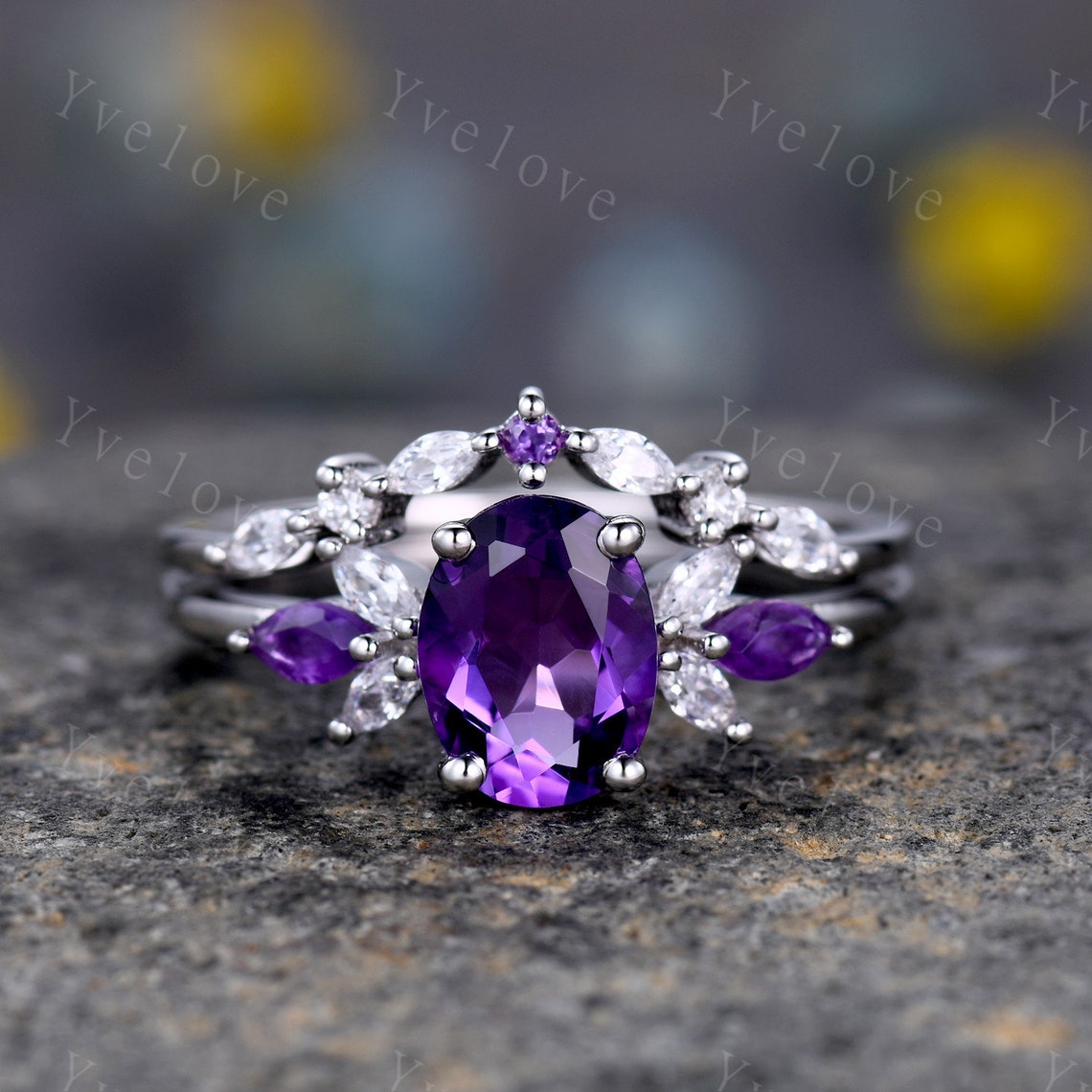 Oval Purple Amethyst Bridal Ring SetMoissanite Amethyst image 1