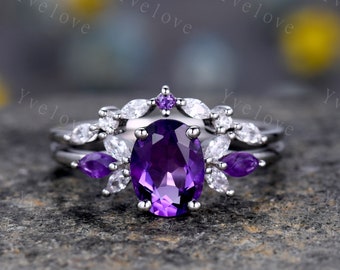 Oval Purple Amethyst Bridal Ring Set,Moissanite Amethyst Wedding Ring Set,White gold,Bridal Ring Curved Wedding Band,Color Engagement Ring