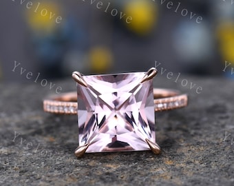 Morganite ring rose gold engagement ring diamond thin band 10mm princess cut big morganite natural vs stone 14k ring anniversary gift