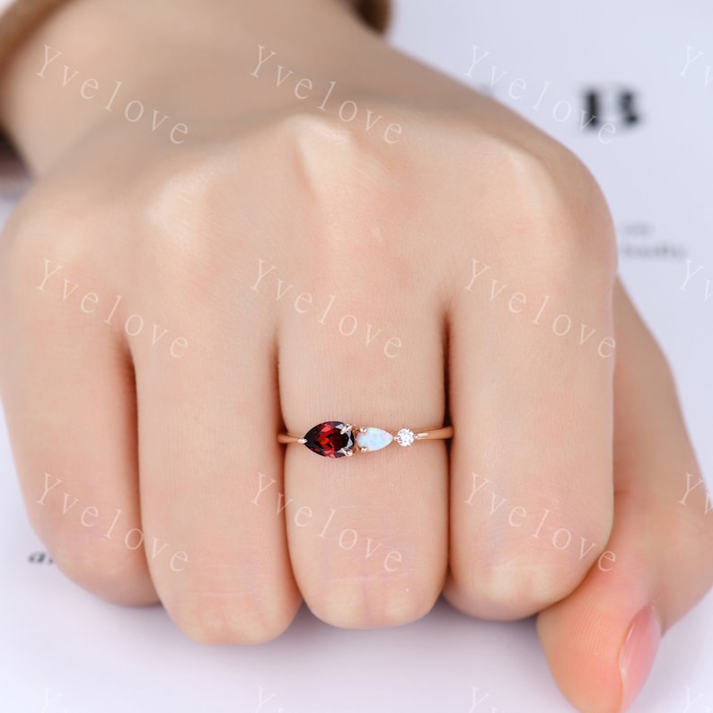 Vintage Red Garnet Opal Engagement Ring,Pear Cut Gems,Art Deco Moissanite Wedding Band,3 Stone Unique Women Bridal Promise Ring,Custom Ring image 6