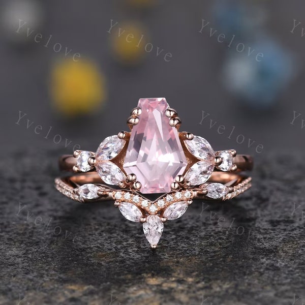 Vintage coffin shaped pink sapphire ring set moissanite wedding ring Unique sapphire engagement ring solid 14k rose gold bridal promise ring