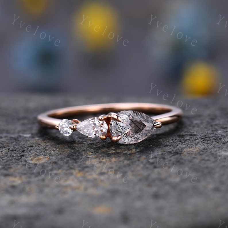 Vintage Red Ruby Ring Engagement Ring,Pear Cut Gems,Art Deco Moissanite Wedding Band,3 Stone Unique Women Bridal Promise Ring,Rose gold image 9