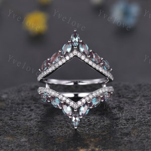 Unique Alexandrite ring,Alexandrite wedding band,Marquise Alexandrite enhancer ring,Curved V stacking band,Moissanite ring,white  gold ring