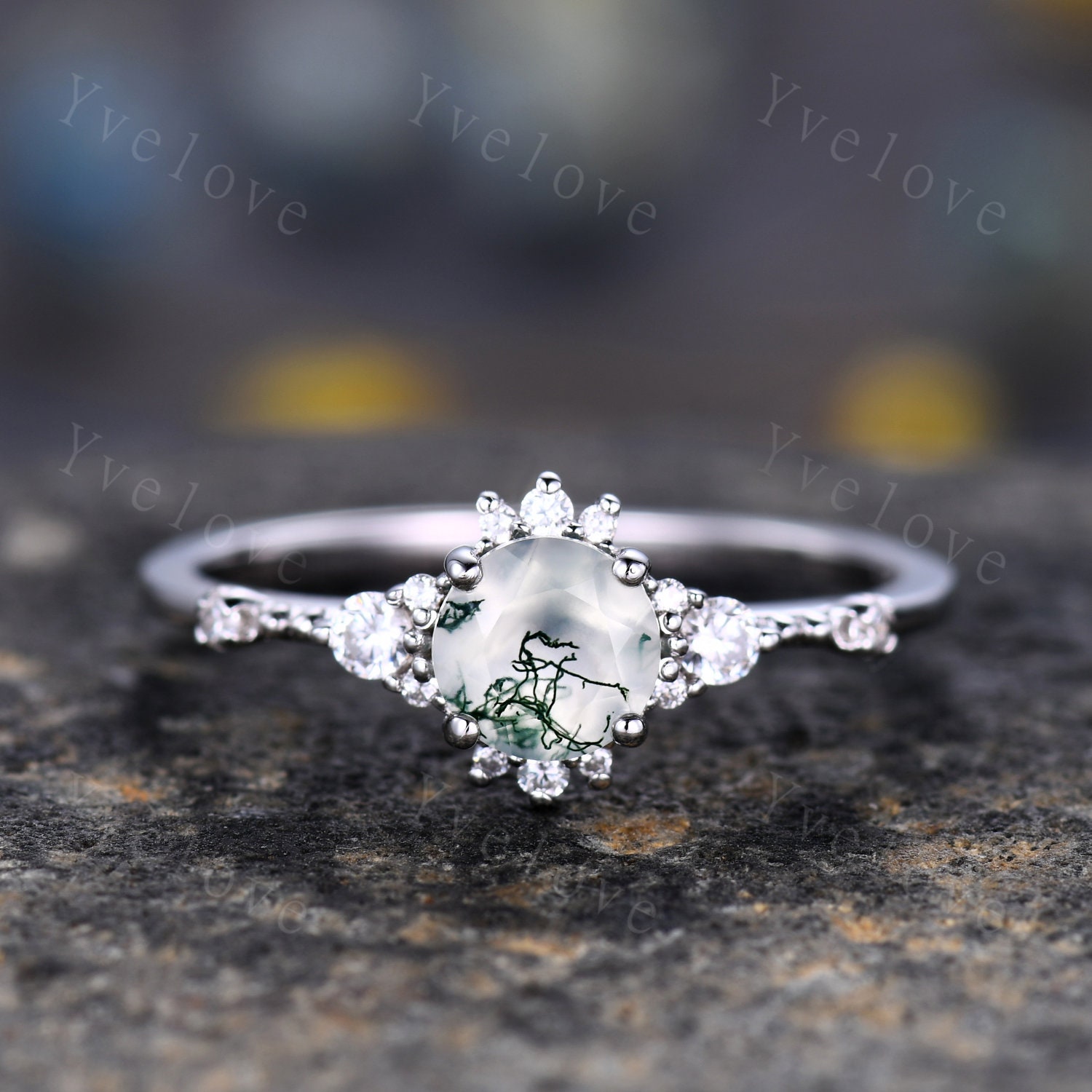 Dainty Moss Agate Engagement Ring White Gold CZ Diamond Minimalist