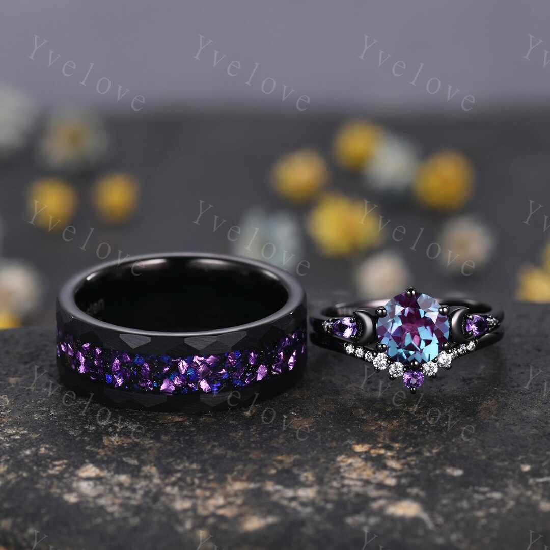 Alexandrite Amethyst Moon Couples Ring His and Hers Ring Set Tungsten ...