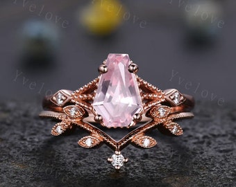 Vintage coffin pink sapphire ring set diamond wedding ring Unique sapphire engagement ring 18k rose gold diamond matching band promise ring