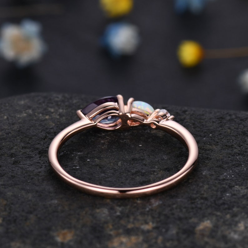 Unique Moss Agate Opal Engagement Ring,Pear Cut Gems,Art Deco Moissanite Wedding Band,3 Stone Unique Women Bridal Promise Ring,Customized image 5