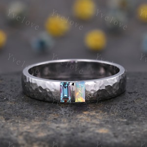 Heren alexandriet opaal trouwring stokbrood gesneden alexandriet opaal band 5 mm gouden ring heren gehamerd stapelen bijpassende band retro vintage cadeau