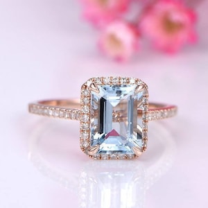アクアマリンリング アクアマリンエンゲージリング ダイヤモンド結婚指輪 6 x 8 mm エメラルドカット 誕生石 記念リング 14k ローズゴールド結婚指輪