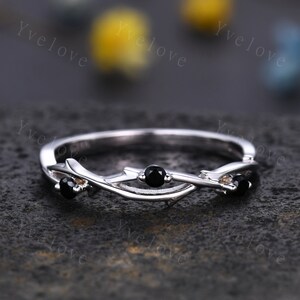 Minimalist Twig Black Spinel Engagement Ring,Twig Matching Band,Women Leaf Band ,Art Deco Branch Black Gem Wedding Band,Twisted Band,Silver