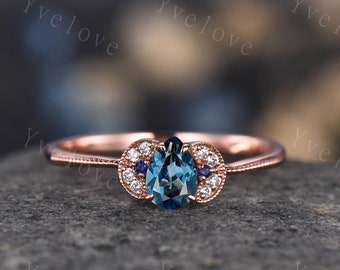 London Blue Topaz Ring, Rose Gold Ring, Pear Topaz Engagement Ring, Diamond Band, November Birthstone, Promise Ring, Blue Gemstone