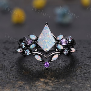 Zestaw pierścionków zaręczynowych Vintage Kite White Opal, czarne złoto, pierścionek z ametystem Vines Opal, zestaw ślubny dla kobiet, wyjątkowy prezent na rocznicę ślubu Twig