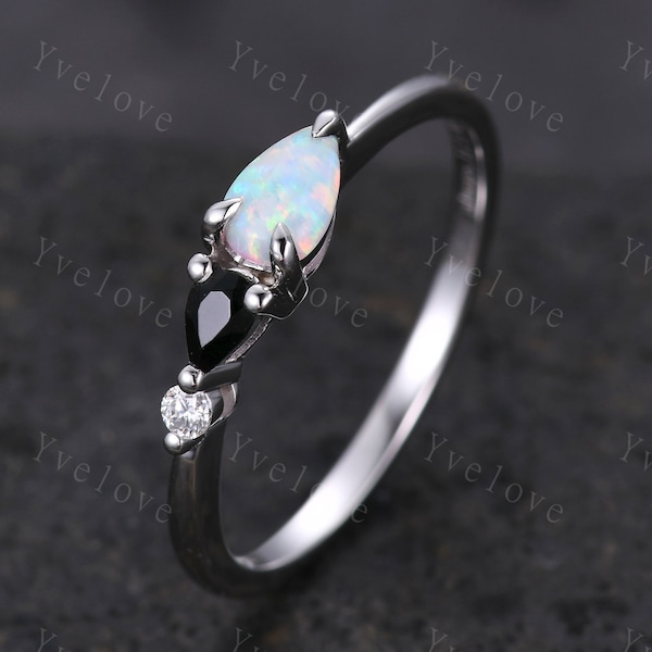 Vintage Opal Black Spinel Engagement Ring,Pear Cut Gems,Art Deco Moissanite Wedding Band,3 Stone Unique Women Bridal Promise Ring Gift