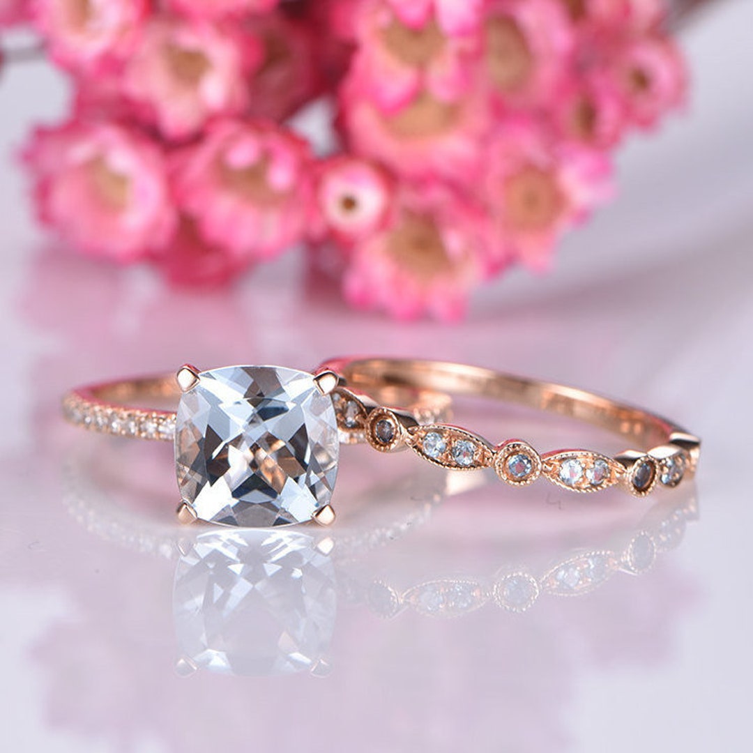 Aquamarine Engagement Ring Set 14k Rose Gold Art Deco Diamond - Etsy