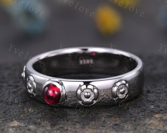 Howls Moving Castle Ring 4mm Round Natural Red Ruby Wedding Band S925 Silver Ring Howl&#39;s Ring Sophie&#39;s Ring Stacking Matching Band Gift