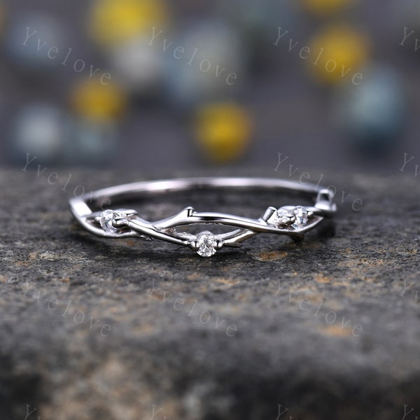 Dainty Twig Engagement Ring,Twig Matching Band,Leaf Band With Diamond,Twig Branch Diamond Wedding Band,14k White Gold,Twisted Stacking Band