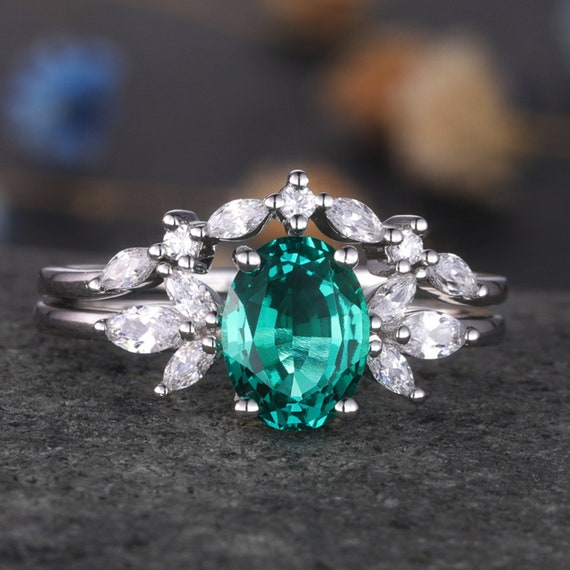 Emerald Wedding Ring Set Emerald Engagement Ring Moissanite | Etsy