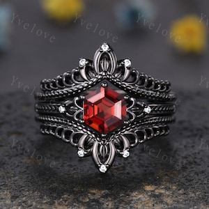 Vintage Black Gold Hexagon Cut Red Garnet Engagement Ring Set Unique Bridal Set,Diamond Ring Dark Promise Wedding Set,Celtic Enhancer Band