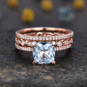 3pcs Aquamarine ring set natural aquamarine engagement ring set 8mm cushion stone diamond wedding band 14k solid gold wedding ring set gift