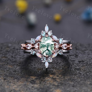 Vintage moss agate engagement ring set,Unique gold wedding set,Art deco opal alexandrite matching stacking ring,bridal set,rings for women