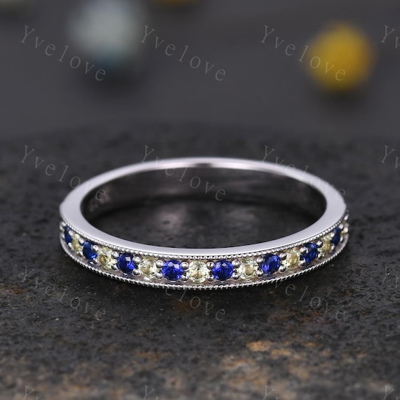 Peridot Wedding Band Sapphire Wedding Ring 14k White Gold Half Eternity Ring Milgrain Style Birthstone Ring Anniversary Gift Handmade Gift Etsy