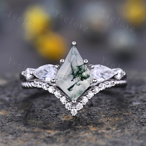 Retro Kite Green Moss Agate Ring,Sterling Silver Ring Set,Agate Engagement Ring,Promise Ring,Green Gemstone,Anniversary Ring Gift For Her