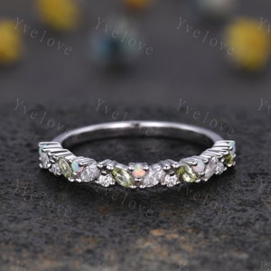 Marquise peridot opal wedding band vintage peridot ring white gold moissanite antique unique stacking band anniversary promise matching band