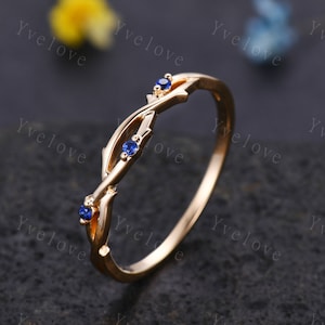 Dainty Sapphire Twig Engagement Ring,Twig Matching Band,Leaf Band With Sapphire,Twig Branch Wedding Band,14k Gold,Twisted Vine Stacking Band