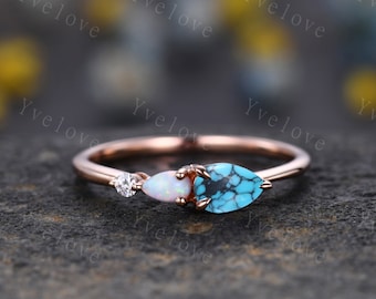 Vintage Turquoise Opal Engagement Ring,Pear Cut Gems,Art Deco Moissanite Wedding Band,3 Stone Unique Women Bridal Promise Ring,Silver Ring