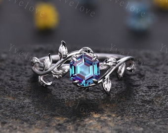 Hexagon Alexandrite Ring,Vintage Twig Vine Leaf Ring,Unique Alexandrite Engagement Ring,June Ring,Women Promise Anniversary Bridal Ring Gift