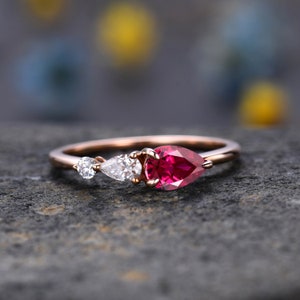 Vintage Red Ruby Ring Engagement Ring,Pear Cut Gems,Art Deco Moissanite Wedding Band,3 Stone Unique Women Bridal Promise Ring,Rose gold image 1