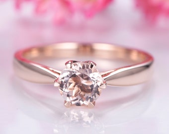 Morganite engagement ring rose gold plain band 14k solitaire gemstone ring 6.5mm round cut natural morganite six prongs set Valentine
