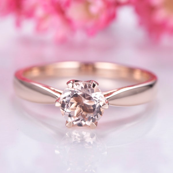 Anello di fidanzamento Morganite oro rosa fascia pianura 14k solitario anello pietre preziose 6.5mm taglio rotondo morganite naturale sei rebbi set San Valentino
