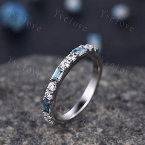 Baguette Cut Alexandrite and Diamond Wedding Ring  Half Eternity Band Stacking Match Ring 14K White Gold Anniversary Gift For Her Customized