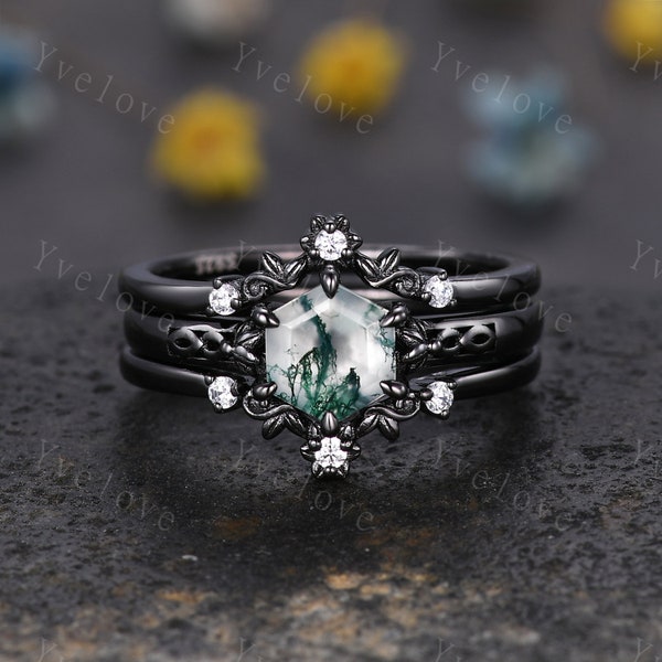 Hexagon Shaped Moss Agate Engagement Ring Set 925 Silver Vintage Moss Agate Wedding Ring Enhancer Band Art Deco Bridal  Ring Set For Women