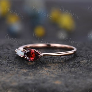 Vintage Red Garnet Opal Engagement Ring,Pear Cut Gems,Art Deco Moissanite Wedding Band,3 Stone Unique Women Bridal Promise Ring,Custom Ring image 3