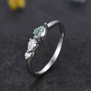 Unique Moss Agate Engagement Ring,Kite Cut Gems,Art Deco Moissanite Wedding Band,3 Stone Unique Women Bridal Promise Ring,Customized Gift