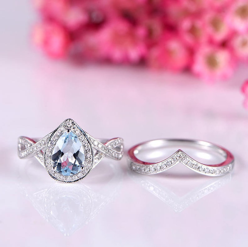 Custom order,One 5x7mm pear cut peridot engagement ring One diamond wedding band Solid 14k white gold Size 7