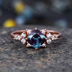 Vintage  cushion cut alexandrite engagement ring rose gold  moissanite ring wedding ring unique June birthstone ring promise ring woman gift